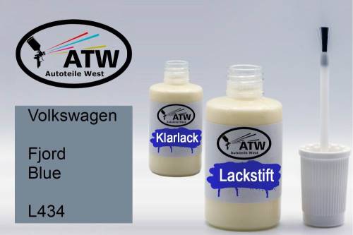 Volkswagen, Fjord Blue, L434: 20ml Lackstift + 20ml Klarlack - Set, von ATW Autoteile West.